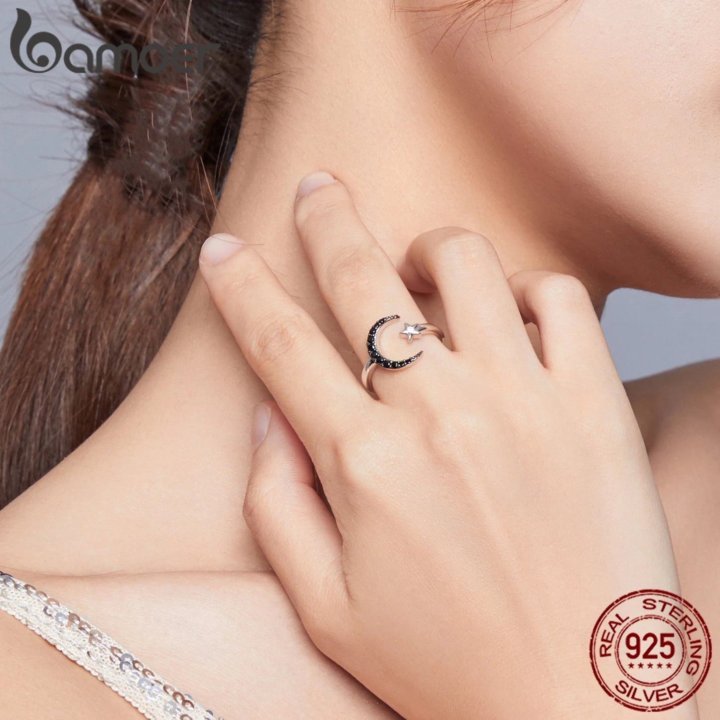 Bague ajustable en argent étoile et lune